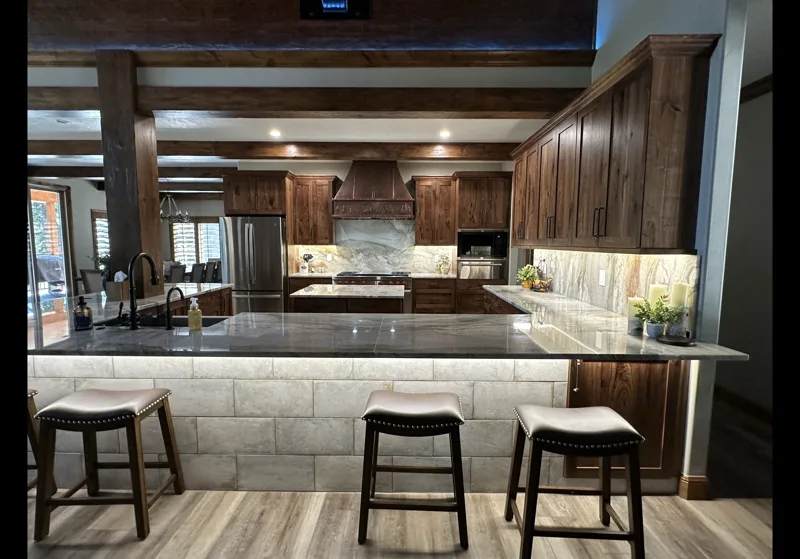 Rustic beam kitchen & bar — custom cabinetry by Cozzens Cabinets, photo 1