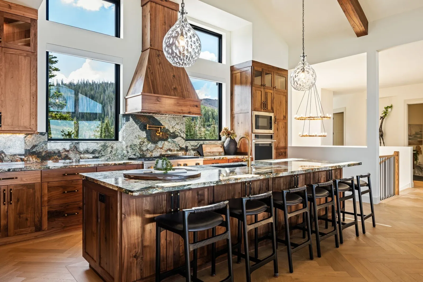 Custom walnut kitchen with granite island and mountain views, Brian Head, Utah